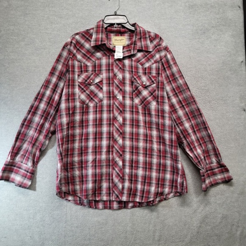 Wrangler Men Button Up Shirt XL Red Plaid Western Rodeo Pearl Snap Cowboy